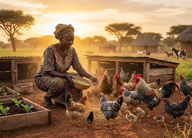 Agriculteur avec des poulets